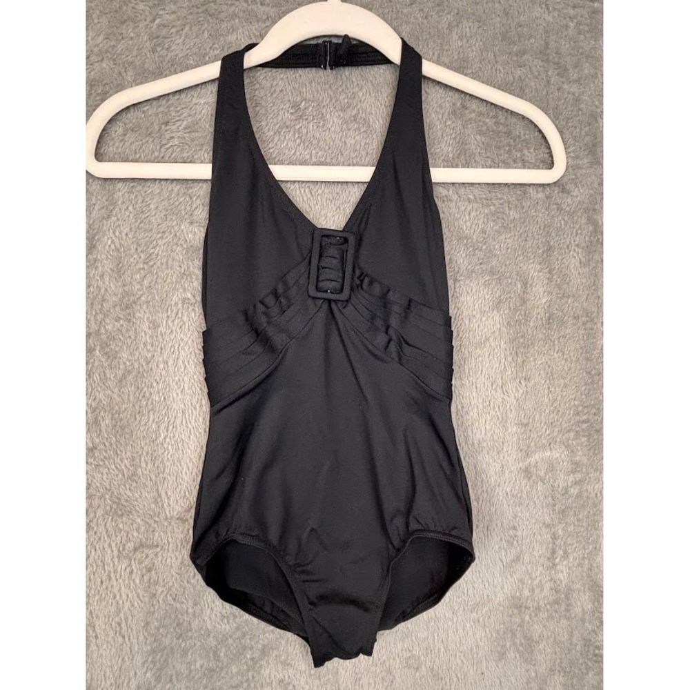 Mirella Black Halter Leotard V-Neck Buckle Detail Dance Ballet Womens Small